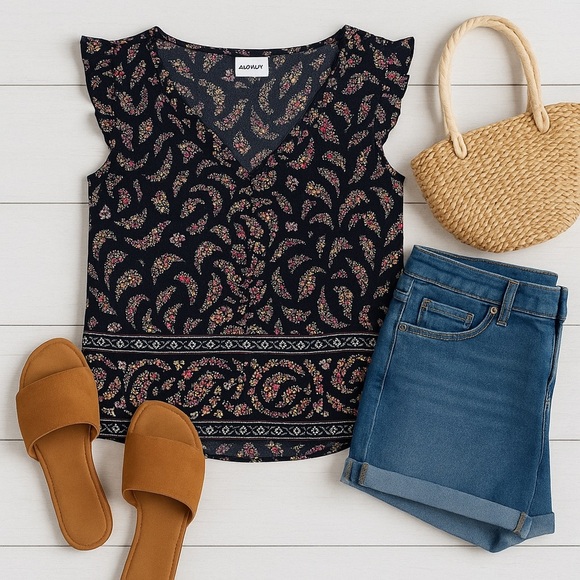 Old Navy | Black Floral Ruffle Sleeve V-Neck Blouse M - Picture 13 of 13